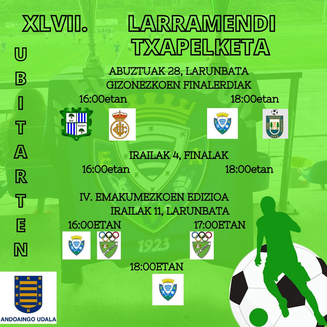 Badator XLVII. LARRAMENDI TXAPELKETA.
 Aforoa bete arte sartzeko aukerarekin.
Larunbatean, 16etan <a href="/betikozkorke/">Beti Kozkor</a> vs <a href="/REALUNIONCIRUN/">Real Unión Club Irun</a> eta 18etan <a href="/sdeuskalduna/">S.D. EUSKALDUNA</a> vs <a href="/oiartzunke_/">Oiartzun KE</a> 

<a href="/AndoaingoUdala/">Andoaingo Udala</a>   <a href="/Aiurri/">Aiurri hedabideak</a>