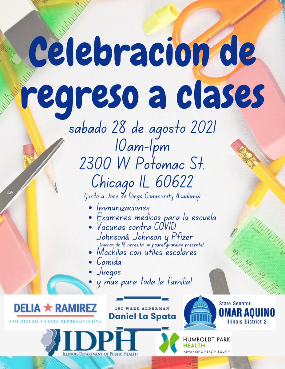 No olvide asistir a nuestro evento de regreso a clases este sábado. Tendremos útiles escolares gratis, vacunas contra la influenza y el COVID-19, comida y mucho más. Vea los detalles abajo y acompáñenos.