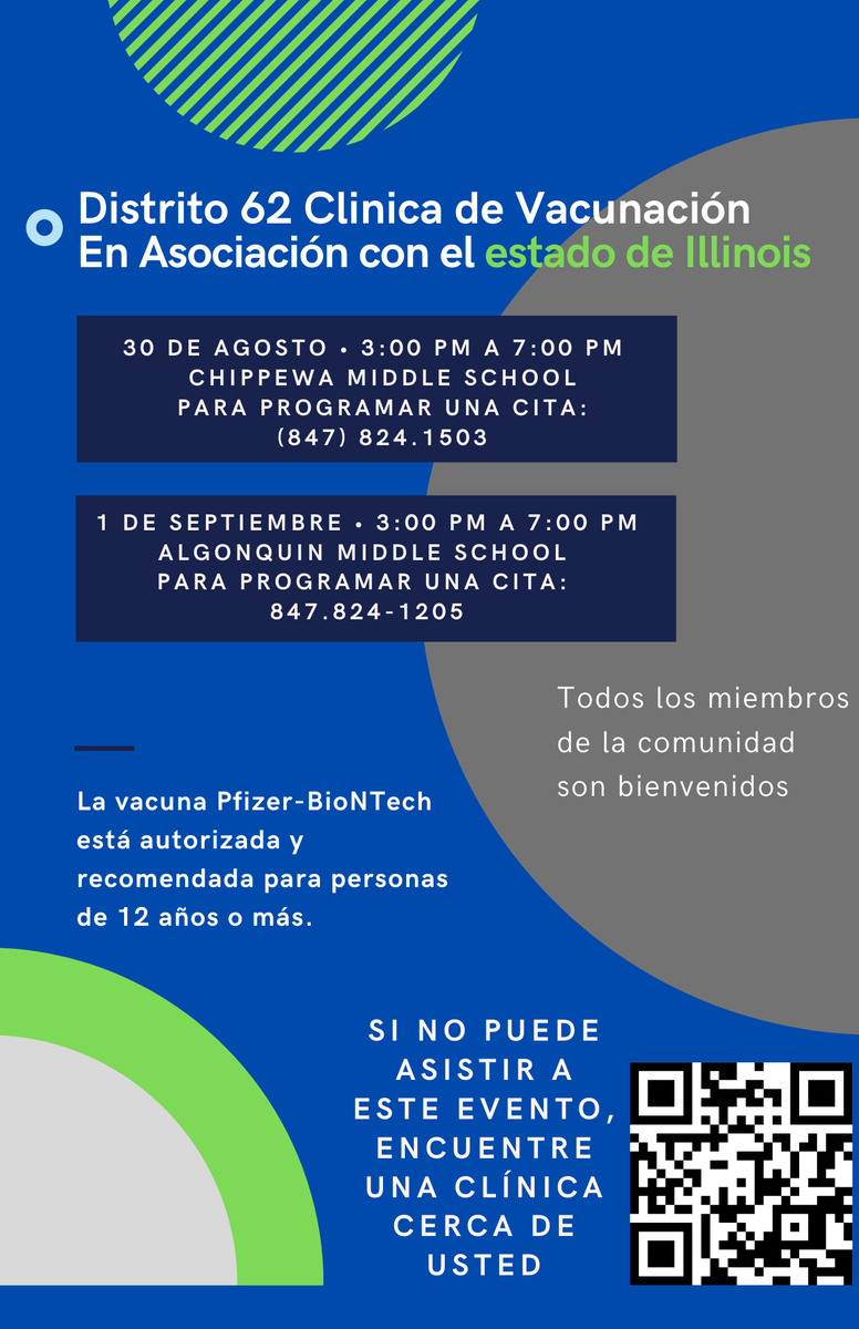 62schools's tweet photo. D62 is once again partnering with @IDPH to host a vaccine clinic open to those aged 12 and older. The community is welcome. 
3 p.m. to 7 p.m., Aug 30, Chippewa Middle School
3 p.m. to 7 p.m., Sept 1, Algonquin Middle School
#62learns #62workingtogether https://t.co/lDiRmLL0Iy
