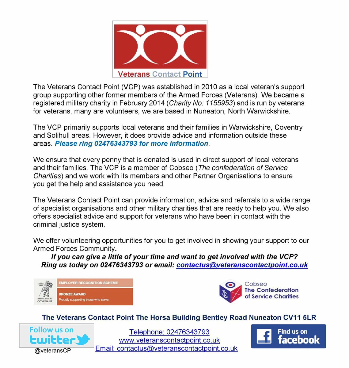 VCPNuneaton's tweet image. @VCPNuneaton is proud of its  none political, none judgemental ethos. We exist to support those veterans in need by veterans with a shared experience. We work with a range of professionals to ensure we deliver the best service possible. @VCPNuneaton you rock