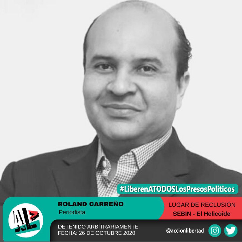 Acción por la Libertad (@accionlibertad) on Twitter photo #RostrosDeLaInjusticia - Roland Carreño (<a href="/rolandcarreno/">Roland Carreño</a>), periodista y activista de Voluntad Popular. Hoy cumple 10 meses detenido injustamente, su abogada <a href="/AnaLeonorAcosta/">Ana Leonor Acosta</a> aseguró que no hay ningún tipo de pruebas en su contra.
Pensar distinto no es un delito, ¡libérenlo! #RostrosDeLaInjusticia - Roland Carreño (<a href="/rolandcarreno/">Roland Carreño</a>), periodista y activista de Voluntad Popular. Hoy cumple 10 meses detenido injustamente, su abogada <a href="/AnaLeonorAcosta/">Ana Leonor Acosta</a> aseguró que no hay ningún tipo de pruebas en su contra.
Pensar distinto no es un delito, ¡libérenlo!