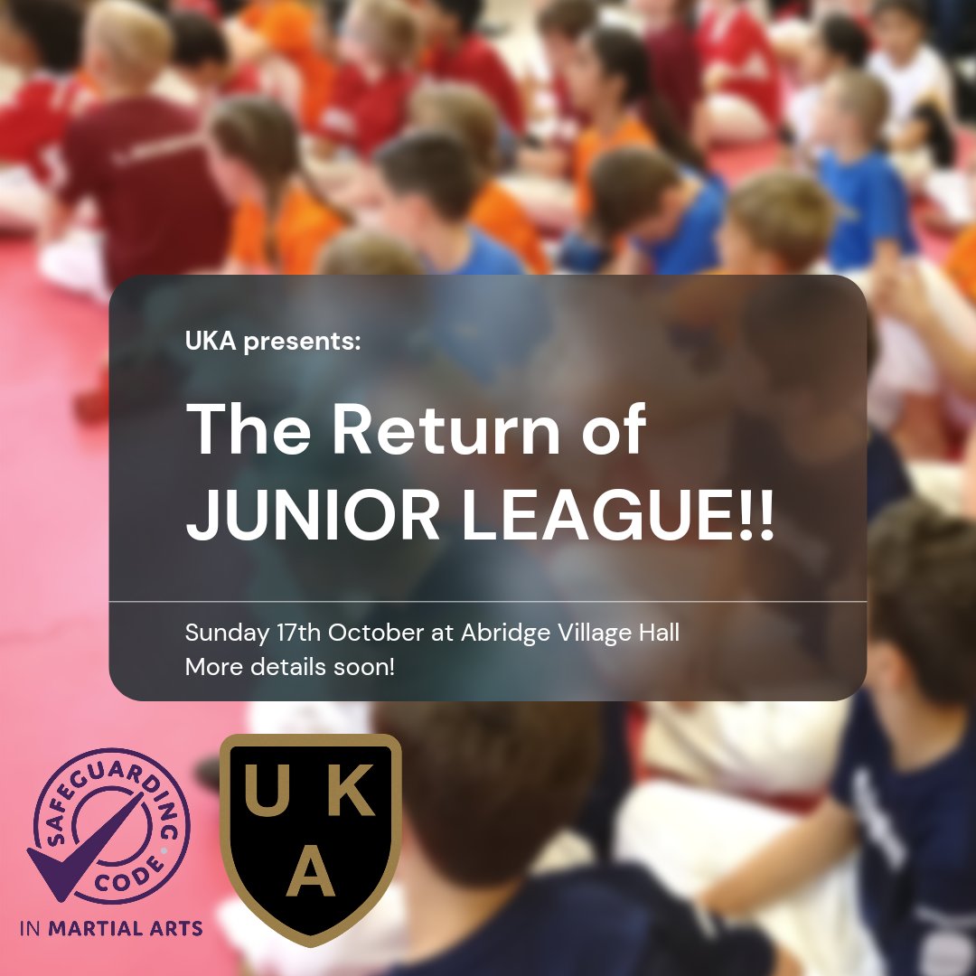 OfficialUKA's tweet photo. The return of JUNIOR LEAGUE!

Sunday 17th October at Abridge Village Hall
 
A one off, one day event!

Full details soon.

#uka #officialuka #karate #england #kumite #teamrotation #grassroots #youth #future #champions #morethanaclub https://t.co/b3MOln7iz9