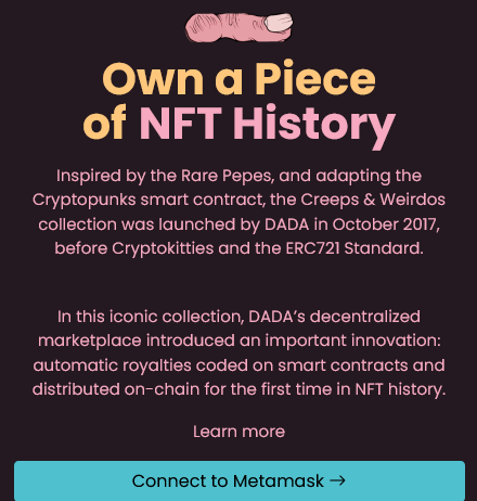 DeFi_TheNorms's tweet photo. NFT Registration Now Open &amp; Closes In:
[ 07 Days | 07 Hours | 50 Minutes ]

If you own an original "Creeps &amp; Weirdos" #DaDaCollectible you are eligible to Register 
for the 2017 Creeps Presale!

#HistoricallySignificant #RareDigitalArt
#DecentralizedMarketplace https://t.co/j5dRVLgPkL