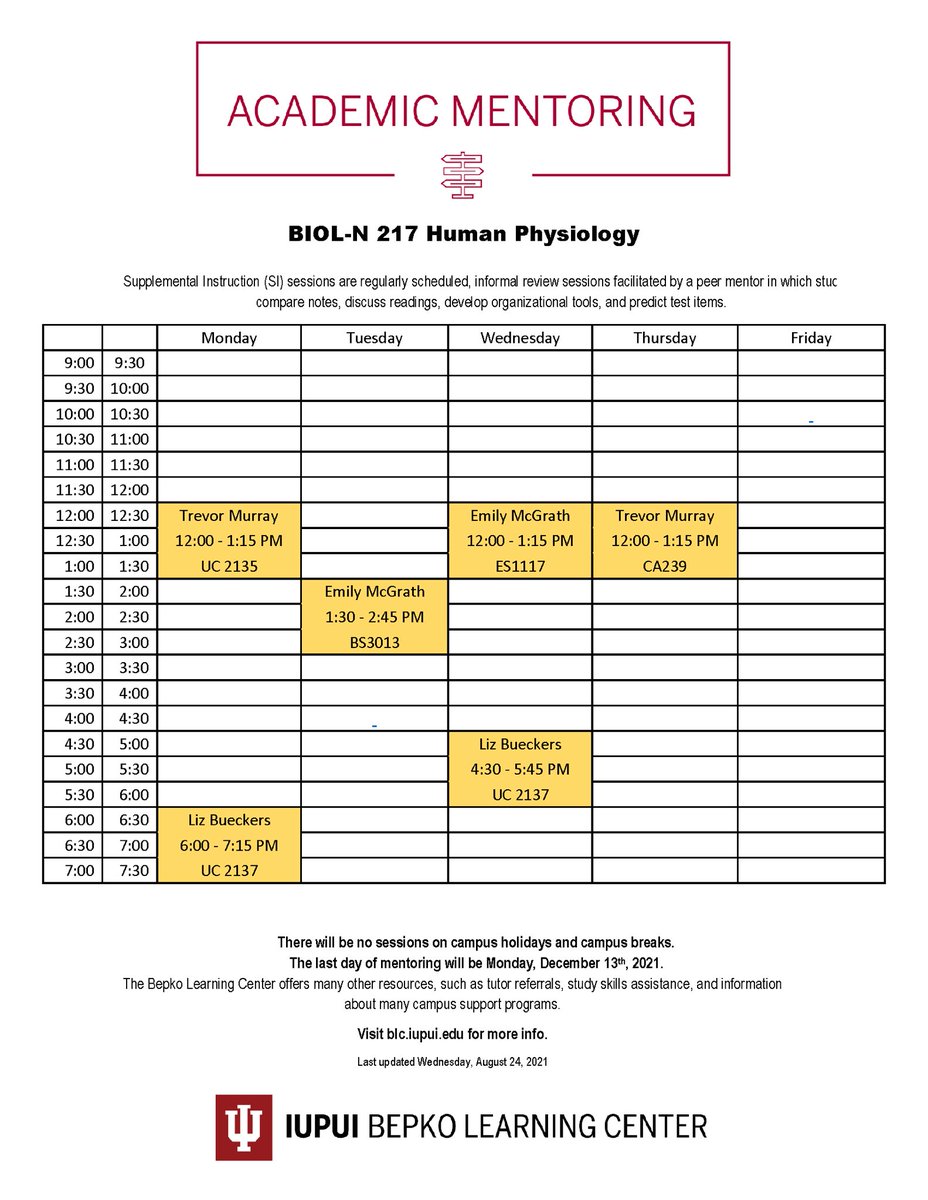 Health & Life Sciences @IUPUI (@hlsci_iupui) on Twitter photo Mentoring sessions are regularly scheduled, informal review sessions in which students compare notes, discuss readings, develop organizational tools, and predict test items.
Swipe 👉 for mentoring schedule for BIOL-N 261 and BIOL-N 217. Mentoring sessions are regularly scheduled, informal review sessions in which students compare notes, discuss readings, develop organizational tools, and predict test items.
Swipe 👉 for mentoring schedule for BIOL-N 261 and BIOL-N 217.