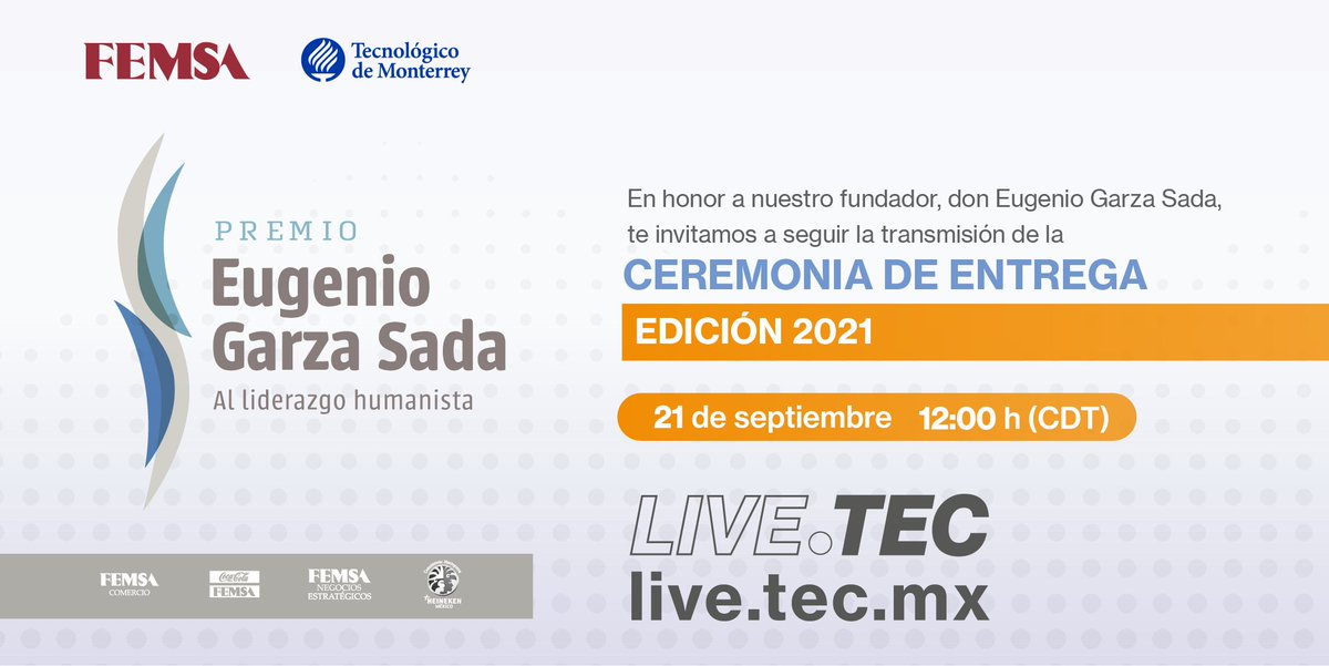 Celebra con nosotros el #PremioEugenioGarzaSada donde se reconoce a personas e instituciones que contribuyen al liderazgo humanista.

Vive la ceremonia el 21 de septiembre aquí 👇
live.tec.mx