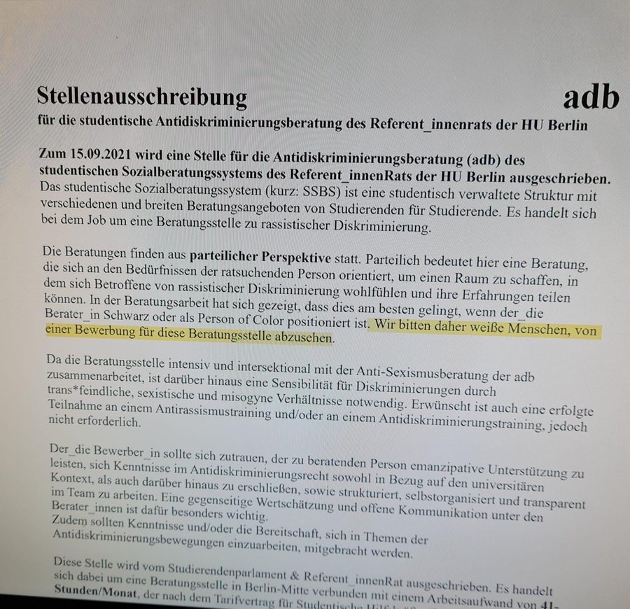 "Wir bitten daher weiße Menschen von einer Bewerbung für diese Beratungsstelle abzusehen"

Eine rassistische Stellenausschreibung für eine Antirassistische Stelle.

Peak Identitätsbekloppte Politik.