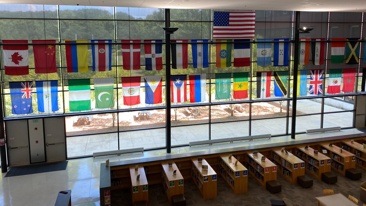 One of the coolest things about our school… flags that hang in our library, representing the countries of the students we serve. #WeAreHWD