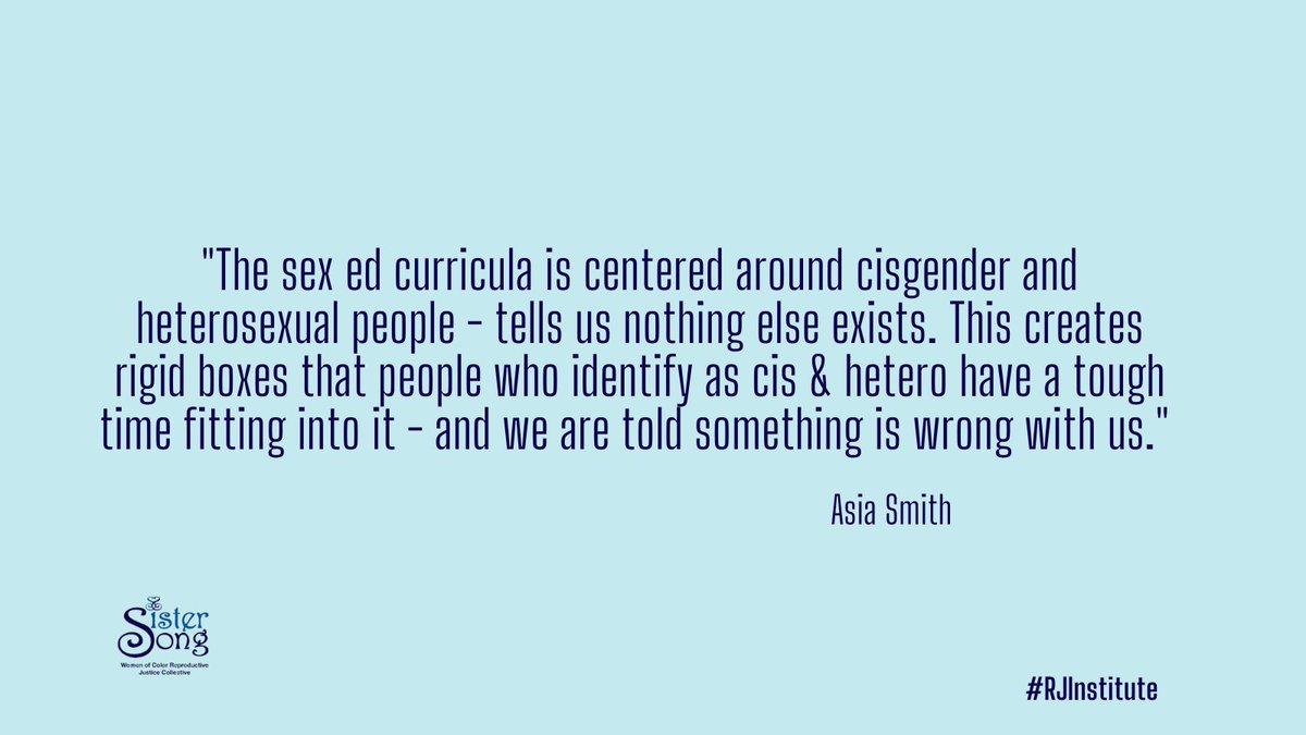 SisterSong_WOC's tweet photo. Did you miss Day 3 of our #RJInstitute? Asia Smith kicked things off with a POWERFUL statement about how #SexEd curricula can increase stigma for trans, intersex, gender nonconforming and queer people by erasing their needs and experiences. #RJSexEd https://t.co/Ky3czzmPj2