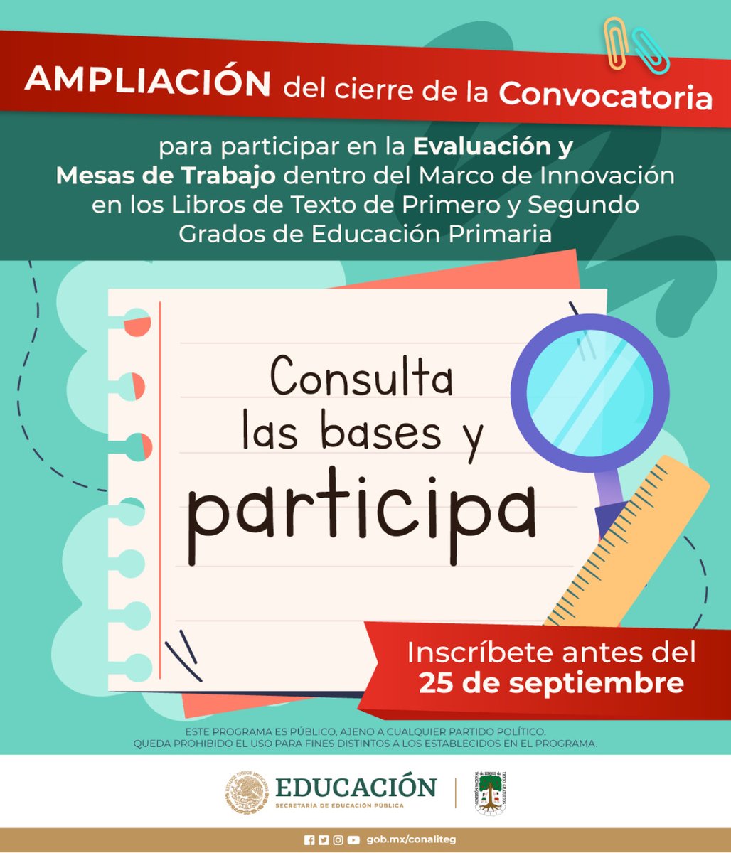 📣📣#Normalista, pasa la voz: ¡Aún puedes participar en la evaluación y mesas de trabajo de los #LibrosDeTextoGratuitos! Gracias a la enorme recepción, ampliamos la fecha de cierre de la convocatoria. Encuentra las bases en: ➡️librosdelrincon.sep.gob.mx/assets/pdf/00-…
¡Regístrate y participa! 📝📝