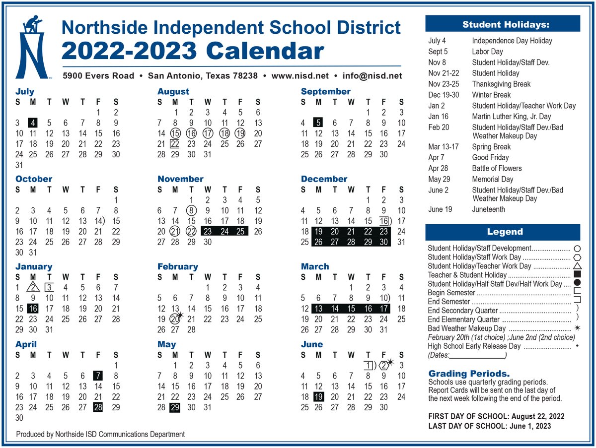 Northwest Isd Calendar 2022 2023 Northside Isd On Twitter: "Here's The Newly-Approved Calendar For The  2022-2023 School Year. You Can Find It And Our Current Year Calendar At  Https://T.co/Re4Qo7Ld31 Https://T.co/Ko342Oorzt" / Twitter