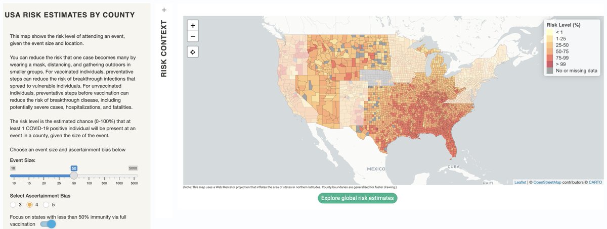 Joshua Weitz (@joshuasweitz) on Twitter photo Update: <a href="/covid19riskUSA/">covid19risk</a> site now includes real-time state-level vax info along w/county-level risk, including a new feature to focus in on states with relatively low vaccination levels (here all those with <50% of total pop fully vaccinated 2 weeks ago).
covid19risk.biosci.gatech.edu Update: <a href="/covid19riskUSA/">covid19risk</a> site now includes real-time state-level vax info along w/county-level risk, including a new feature to focus in on states with relatively low vaccination levels (here all those with <50% of total pop fully vaccinated 2 weeks ago).
covid19risk.biosci.gatech.edu