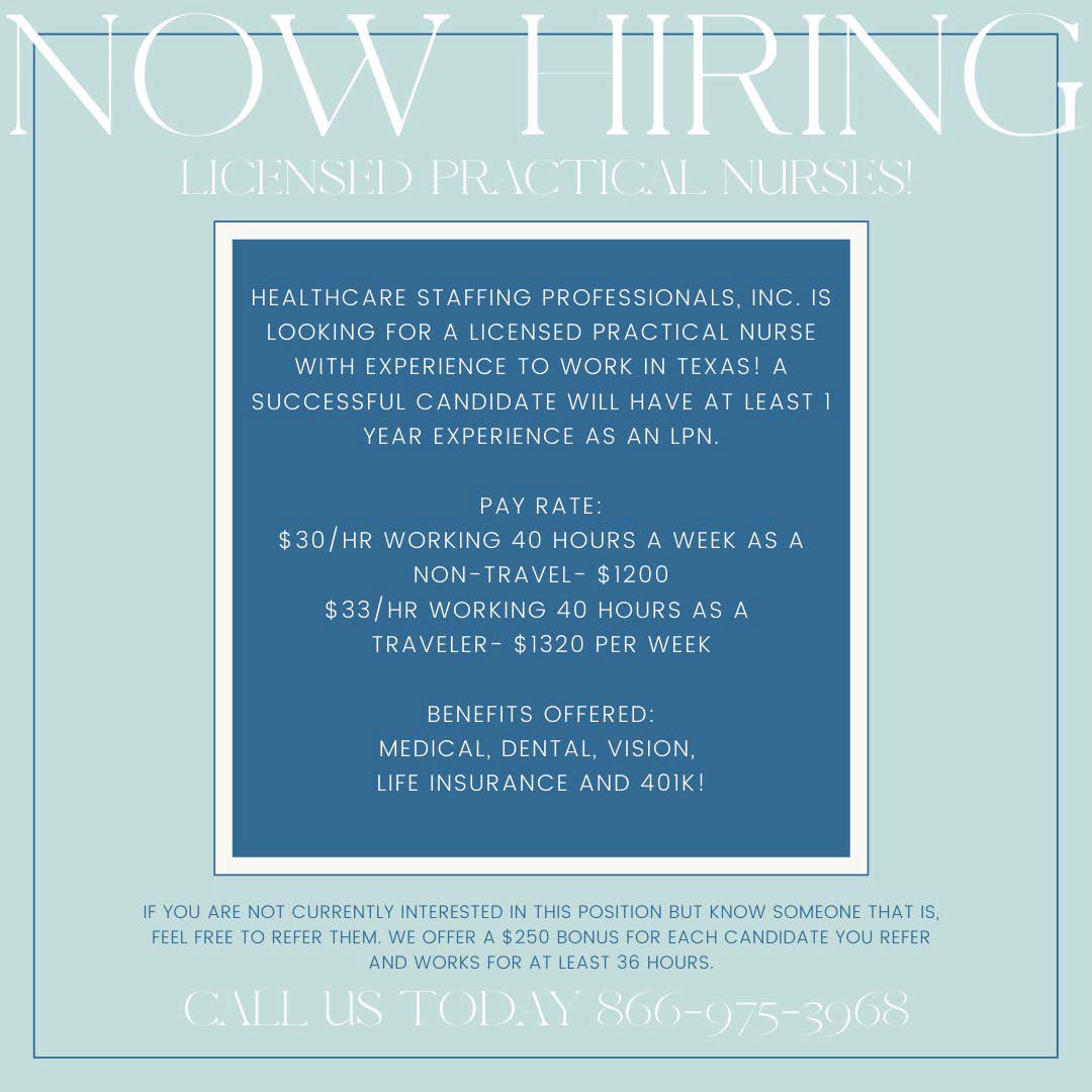 HSP_Inc's tweet photo. Calling all #licensedpracticalnurse in #Texas!
For more information and to apply visit our job board here:
https://t.co/cHVKWOQMux
#LPN #lpnjobs #lpnlife #texasjobs #texasstrong #texasnurse #TXjobs #txlife #texanshelpingtexans #texas #nursinghumor #nursingjobs #travelnurse https://t.co/lRNPXFQ11V
