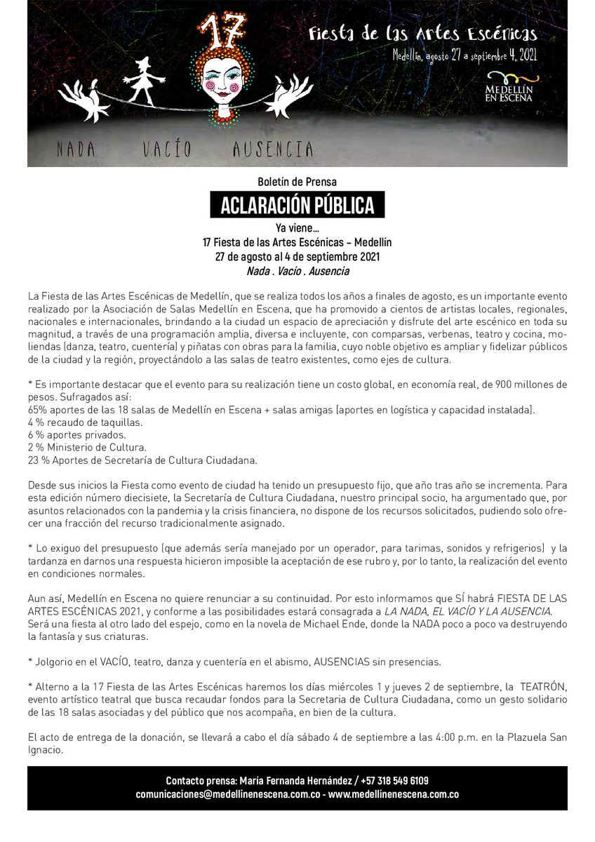 🔴 COMUNICADO A LA OPINIÓN PÚBLICA 🔴
La Fiesta de las Artes Escénicas de Medellín, que se realiza todos los años a finales de agosto, es un importante evento realizado por la Asociación de Salas Medellín en Escena.  #lafiestadelvacio