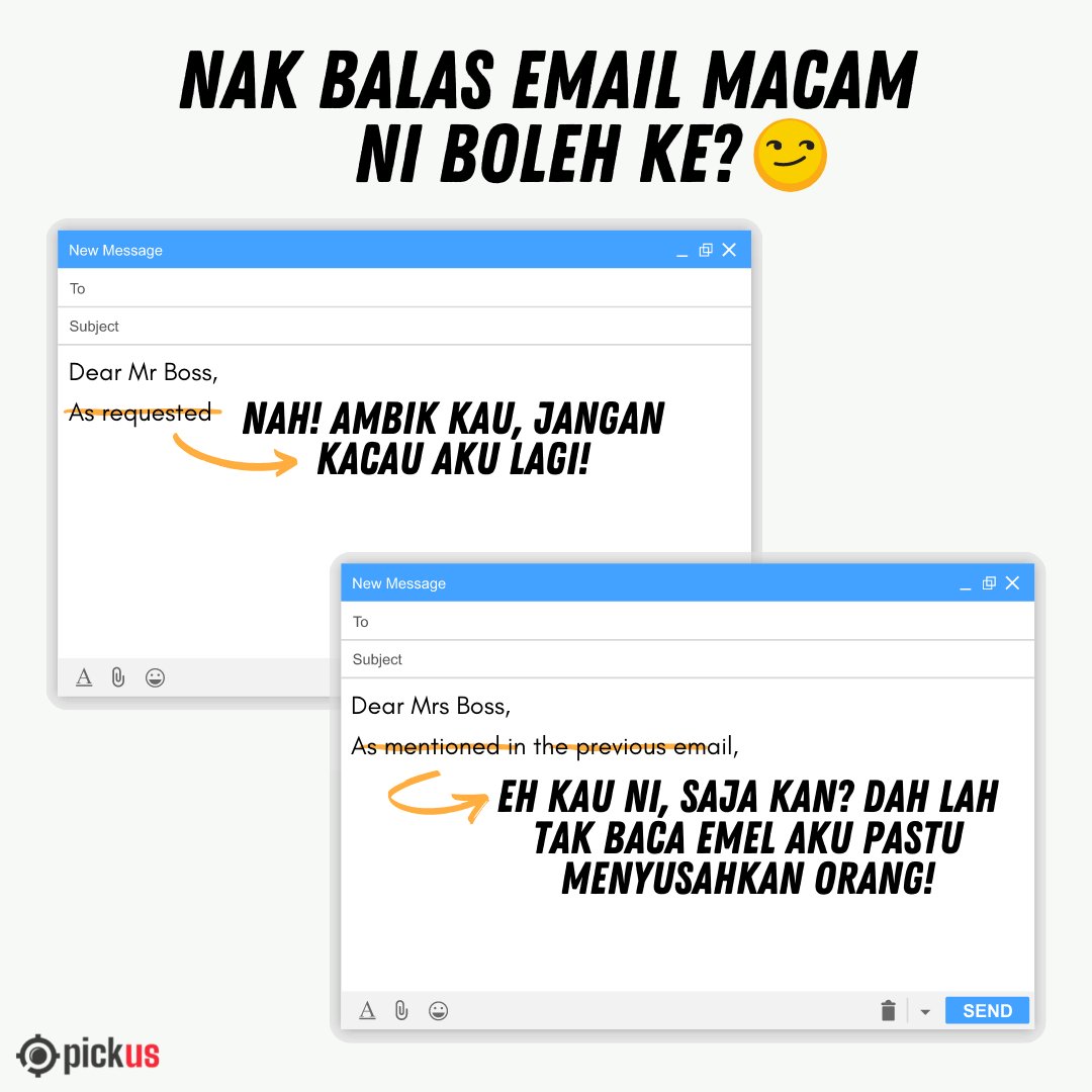 pickusio's tweet photo. Ish, kadang-kadang tu teringin sangat nak reply email bos guna bahasa kita-kita ni kan. Maklumlah bila guna bahasa formal ni, mesej ‘sebenar’ yang nak disampaikan tu tak tersampai 😏😌

Setuju ke tak setuju? 

#pickusio #maukerja #sarcasm #ytjt https://t.co/NwbjViS31o