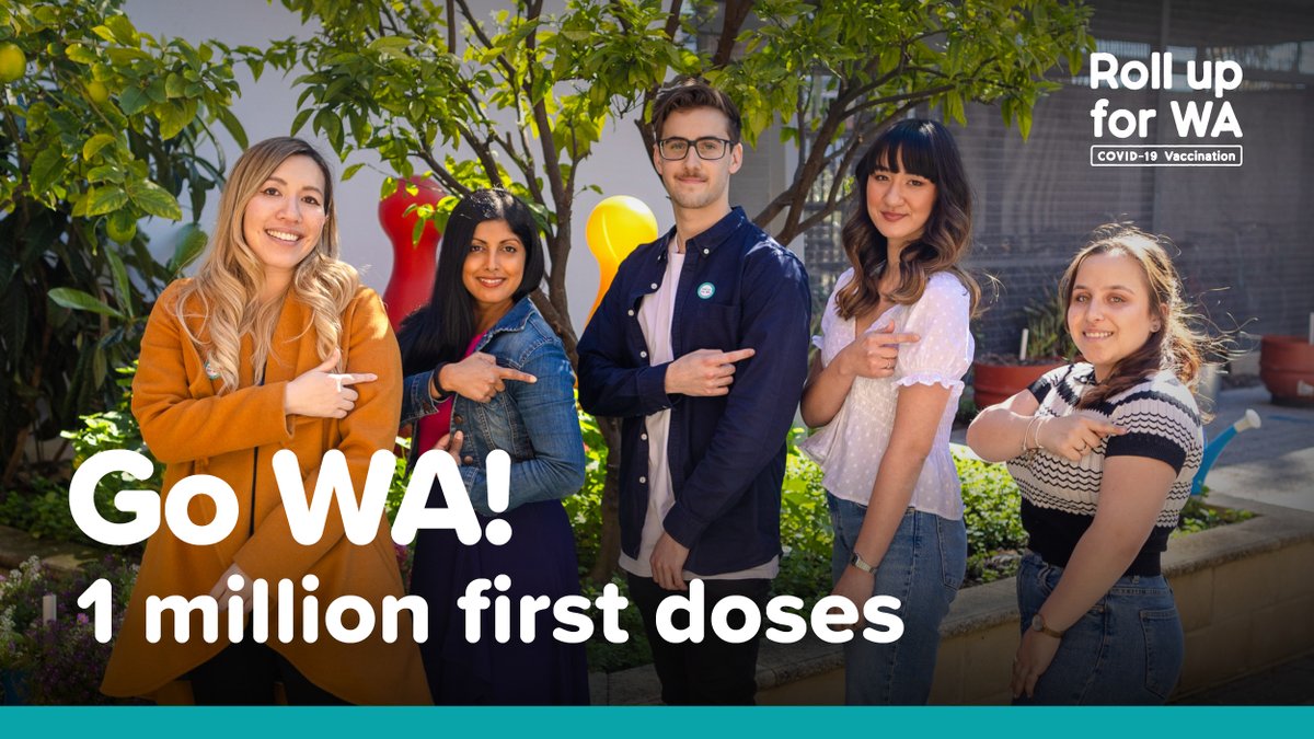 WAGovernment's tweet image. One million people have now rolled up to receive their first COVID-19 vaccine dose in Western Australia.

If you’re aged 16 and over, register now for your COVID-19 vaccination at: rollup.wa.gov.au