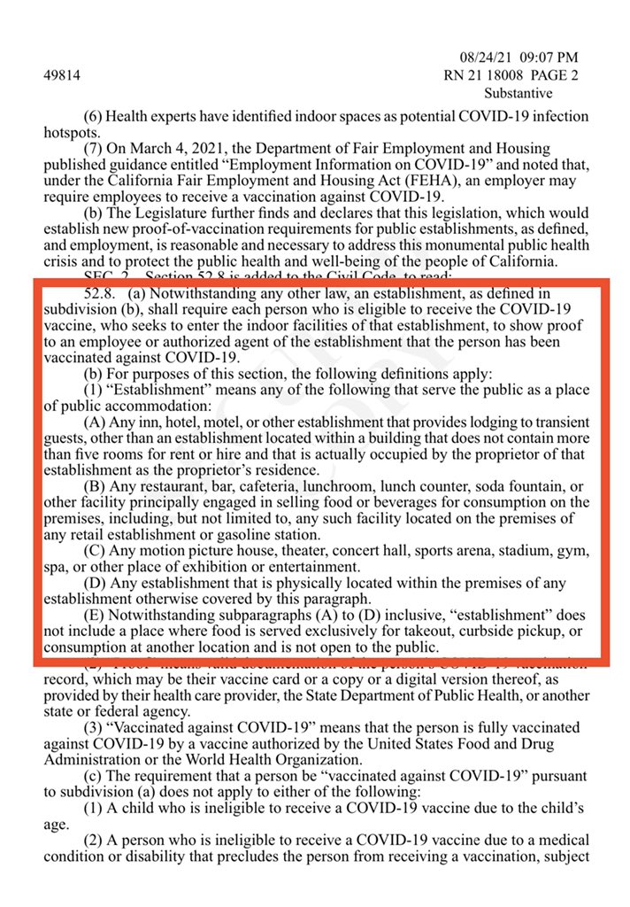 CA AB455: “an establishment...shall require each person who is eligible to receive the COVID-19 vaccine, who seeks to enter the indoor facilities of that establishment, to show proof to...the establishment that the person has been vaccinated against COVID-19….”