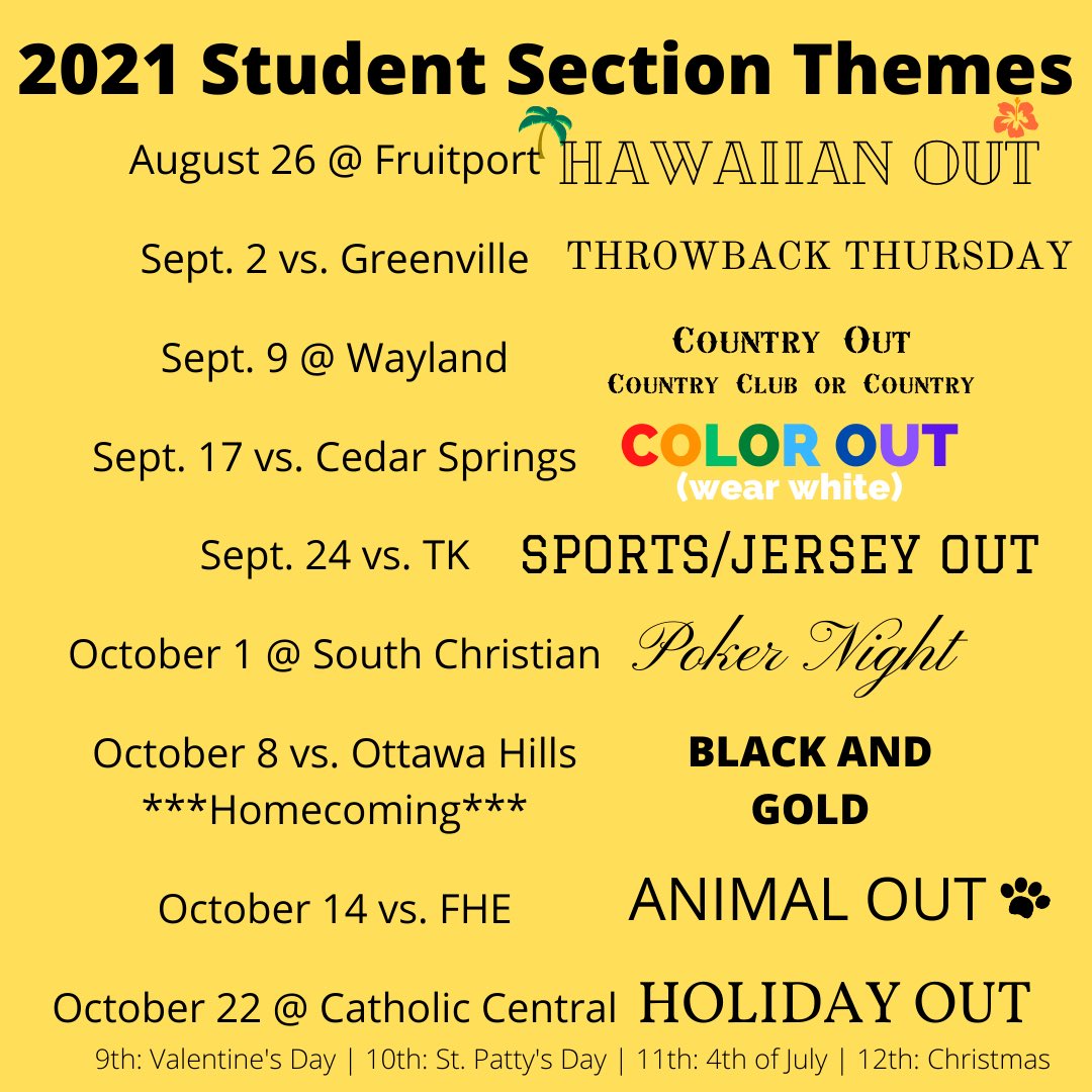 Kenowa Hills Football on Twitter: "Your 2021 Student Section Themes for the  upcoming season. #KnightPride 🖤💛 https://t.co/LnkpQILO5H" / Twitter