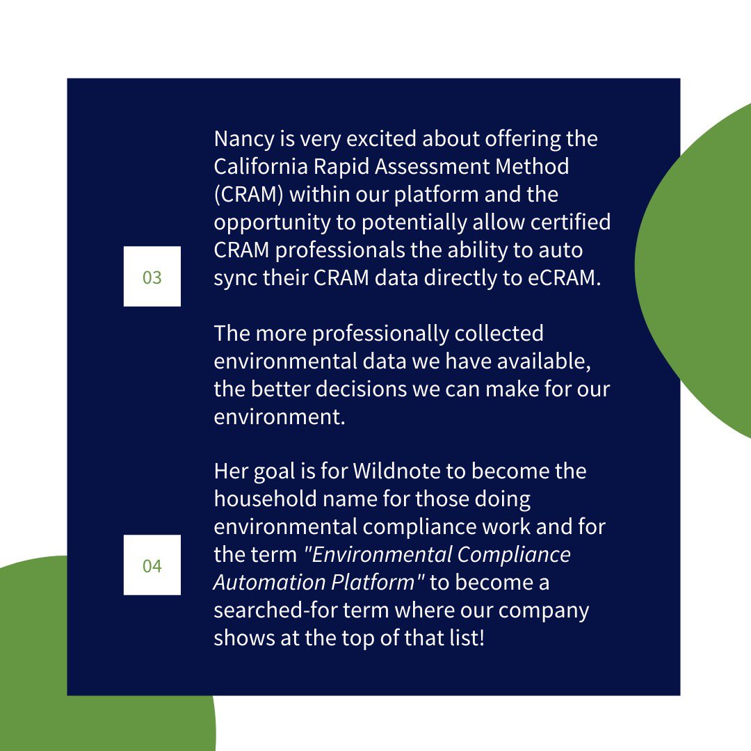 WildnoteApp's tweet image. Team Spotlight ✨

Meet Wildnote's Director of Customer Success, Nancy Douglas!

#wildnote #gofastgetitright #environmentalconsulting #environmentalcompliance #environmentalcomplianceautomation #environmentalcomplianceautomationplatform