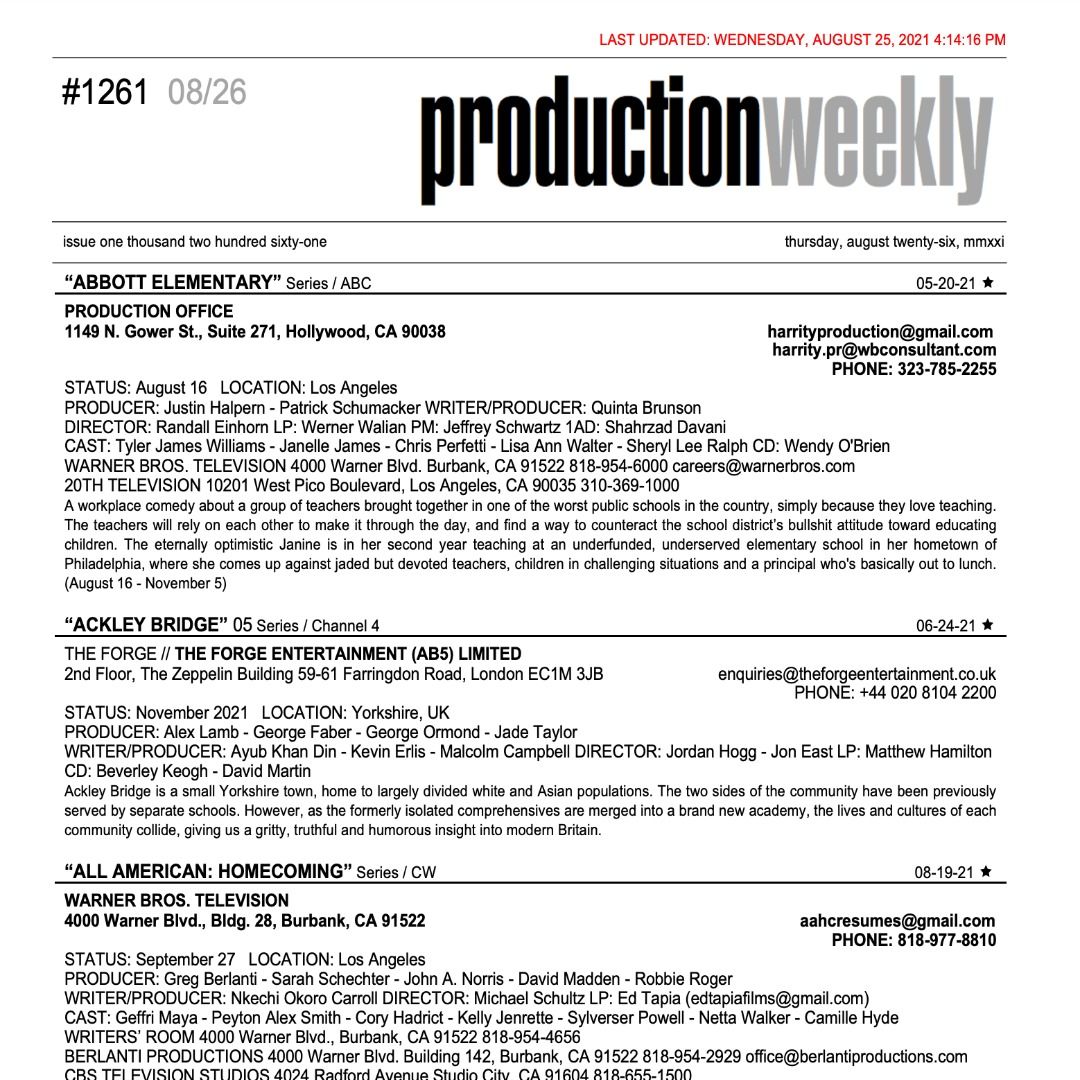 #RT <a href="/prodweek/">Production Weekly</a>: Production Weekly - Issue 1261 - Thursday, August 26, 2021 / 198 Listings - 43 Pages - Production Weekly buff.ly/3mz2FCQ