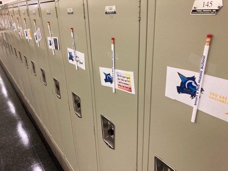 Smart’s Mill added positive assertions to every student locker for “Open House”.  See everyone tomorrow!@Smarts_Mill