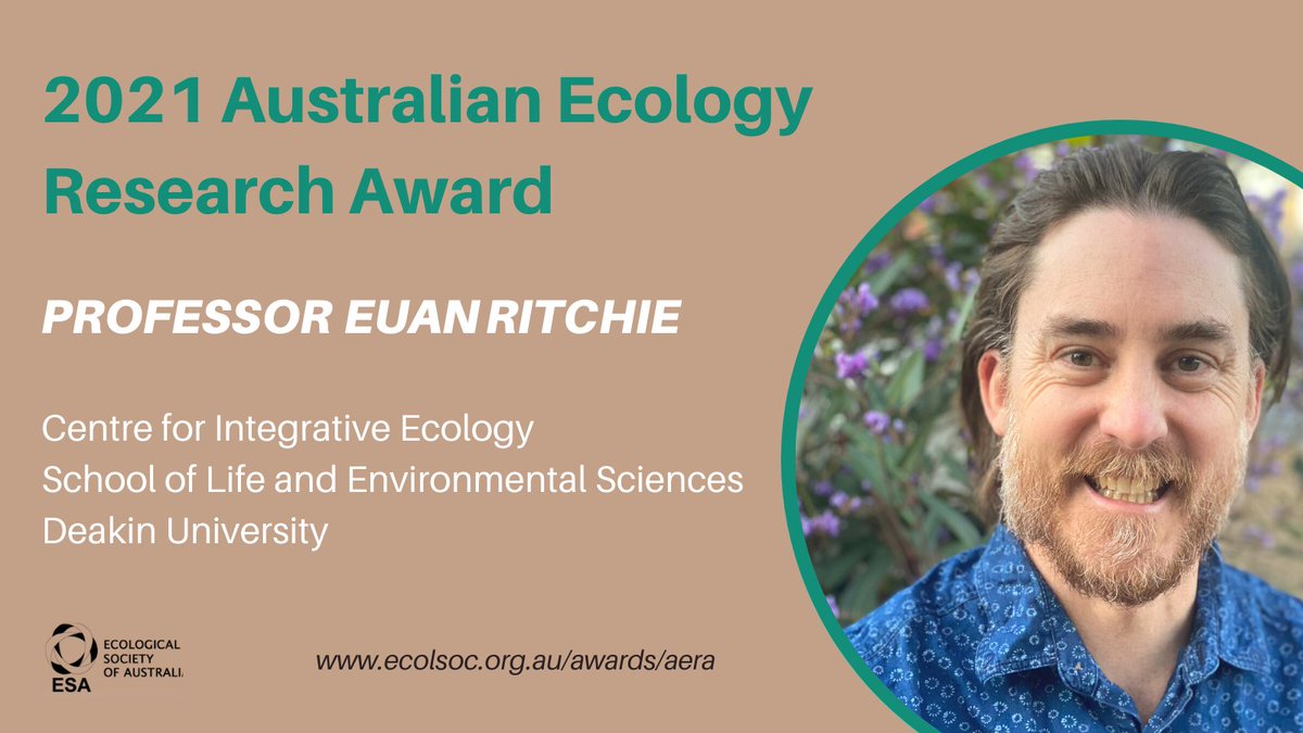 Ecological Society of Australia (@ecolsocaus) on Twitter photo We are very pleased to announce <a href="/EuanRitchie1/">Prof. Euan Ritchie (@euanritchie.bsky.social)</a> as the winner of the 2021 Australian Ecology Research Award! The Australian Ecology Research Award recognises outstanding ecological research.
Read more about Professor Ritchie's work here: ecolsoc.org.au/news/professor…
@DeakinCIE #AERA We are very pleased to announce <a href="/EuanRitchie1/">Prof. Euan Ritchie (@euanritchie.bsky.social)</a> as the winner of the 2021 Australian Ecology Research Award! The Australian Ecology Research Award recognises outstanding ecological research.
Read more about Professor Ritchie's work here: ecolsoc.org.au/news/professor…
@DeakinCIE #AERA