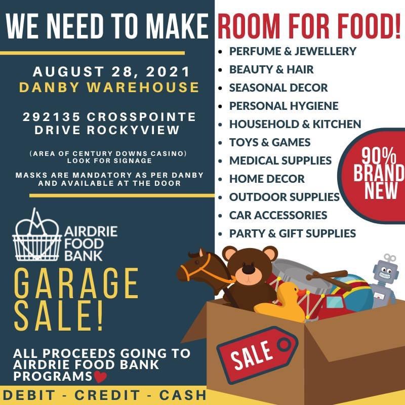 ❤️The Airdrie Food Bank is having a HUGE garage sale this weekend. 

❤️43% of our clients are children and the money raised will help support our ongoing programs. 

❤️90% new goods - we need to make room for FOOD! 

❤️Please share on your socials!