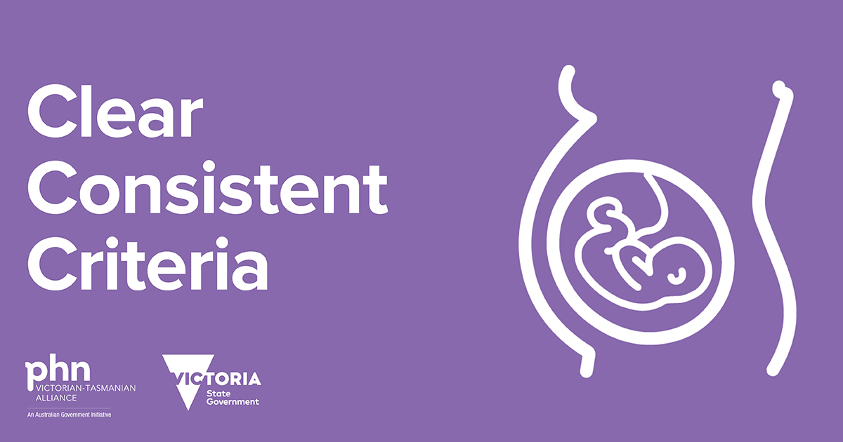 Victorian and Tasmanian PHN Alliance (@vtphna) on Twitter photo Statewide specialist clinic referral criteria now exist for select obstetrics conditions.
View the criteria:
- on your local HealthPathways or care pathways site: bit.ly/32ysyYk
- or the <a href="/VicGovDH/">Victorian Department of Health</a> website: bit.ly/2MxFF3g
#ClearConsistentCriteria Statewide specialist clinic referral criteria now exist for select obstetrics conditions.
View the criteria:
- on your local HealthPathways or care pathways site: bit.ly/32ysyYk
- or the <a href="/VicGovDH/">Victorian Department of Health</a> website: bit.ly/2MxFF3g
#ClearConsistentCriteria