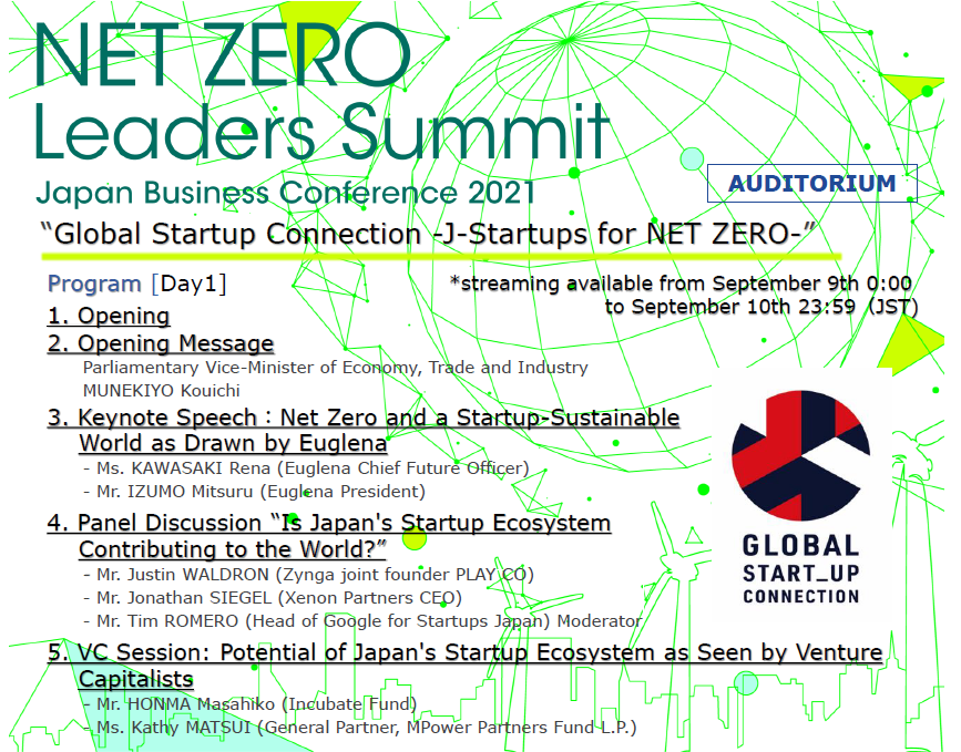 JETRO_info's tweet photo. Don’t miss it! #NETZEROLeadersSummit virtual venue opens till Sep. 10! 
👉NEW Sep. 9-10 “Global Startup Connection -J-Startups for NET ZERO-” 
👉#JapanTechnologyShowcase: Individual appointments with exhibitors available 
https://t.co/mFwLVogb7H (free of charge) https://t.co/5kzszNzFbO