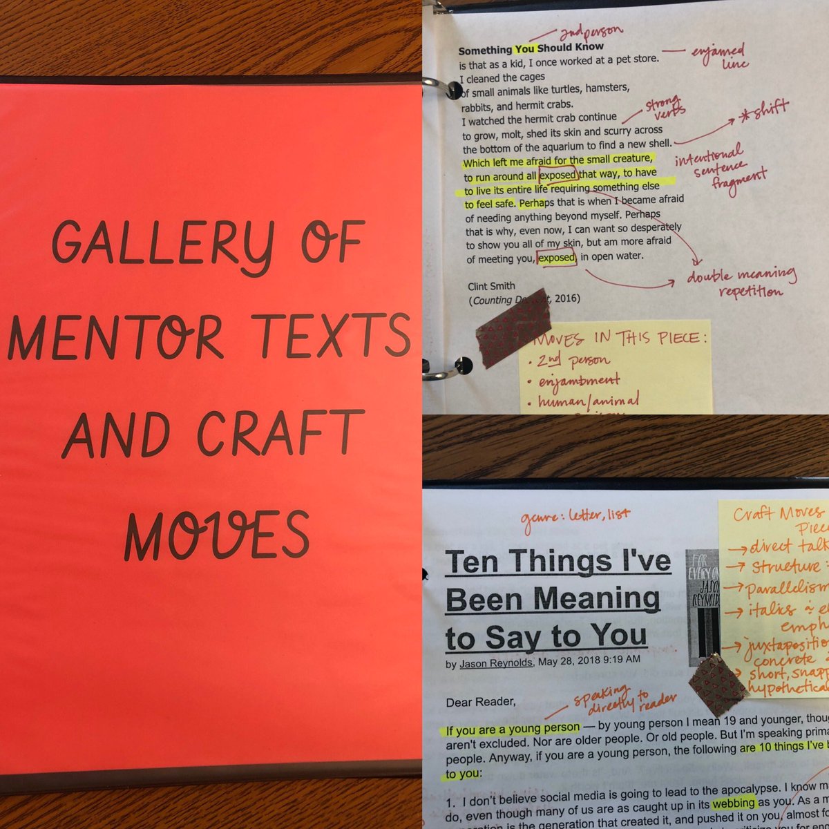 Working on being more intentional about studying writers’ craft and using craft moves with students this year with help from @RebekahODell1 and <a href="/AllisonMarchett/">Allison Marchetti</a>. It’s fun to do with great writing by <a href="/ClintSmithIII/">Clint Smith</a> &amp; <a href="/JasonReynolds83/">Jason Reynolds News</a> 😍 #mentortexts #psouthproud