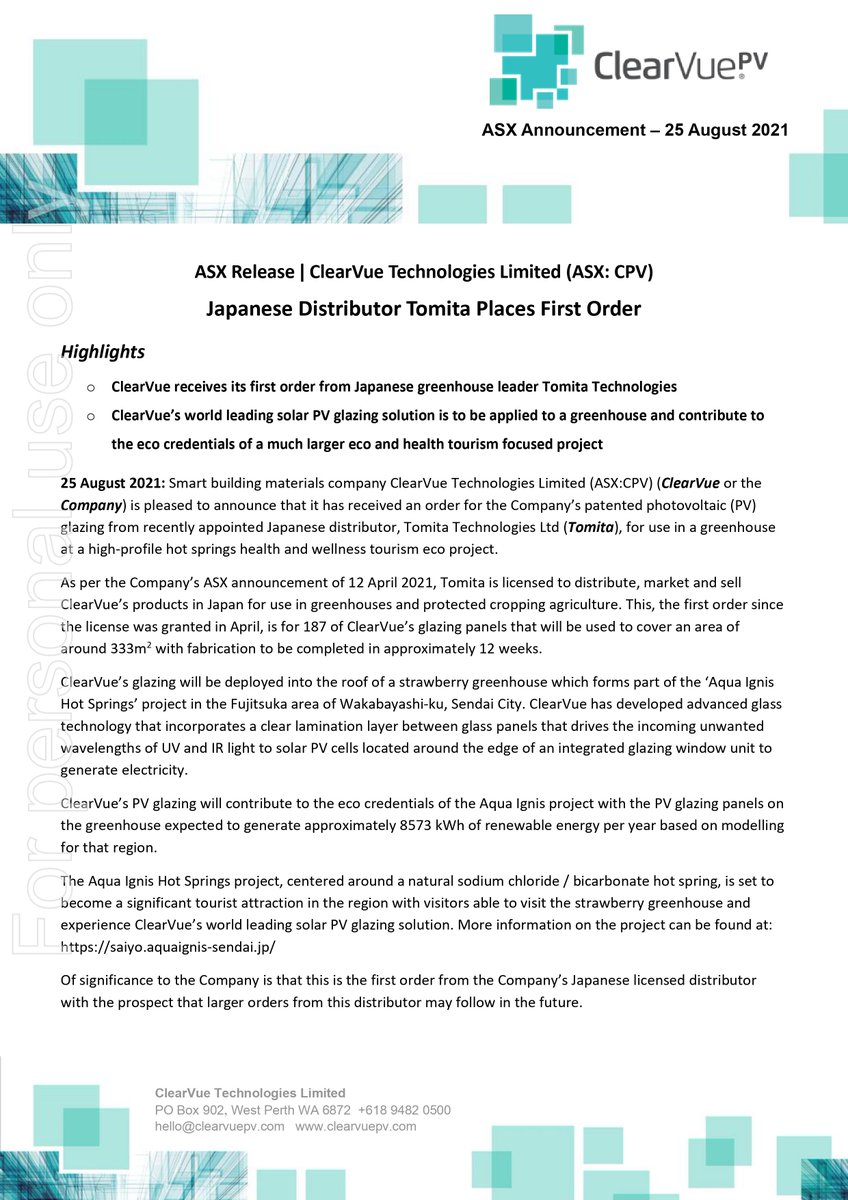 ClearVuePV's tweet image. ClearVue receives first order from its Japanese licensed distributor Tomita Technologies for greenhouse at thermal springs project in Sendai City, Japan ...
#ClearVue #ClearVuePV #solarglass #solarwindows #solargreenhouses #BIPV #WIPV #smartfacades #esginvesting #renewables