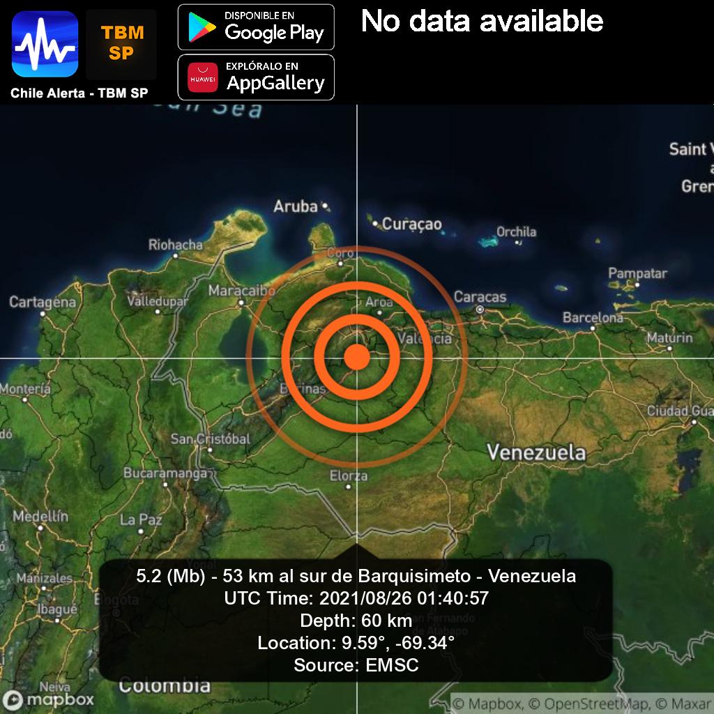Chile Alerta 🇨🇱⚠🌎 on Twitter: &quot;New #Earthquake. 🌎 5.2 (Mb) - 53 km al  sur de Barquisimeto - Venezuela. 2021/08/26 01:40:57 UTC. App:  https://t.co/RblVNxZYn8 #Barquisimeto #Venezuela #earthquake #sismo #temblor  #terremoto… https://t.co/ga24Ja9hJe&quot;