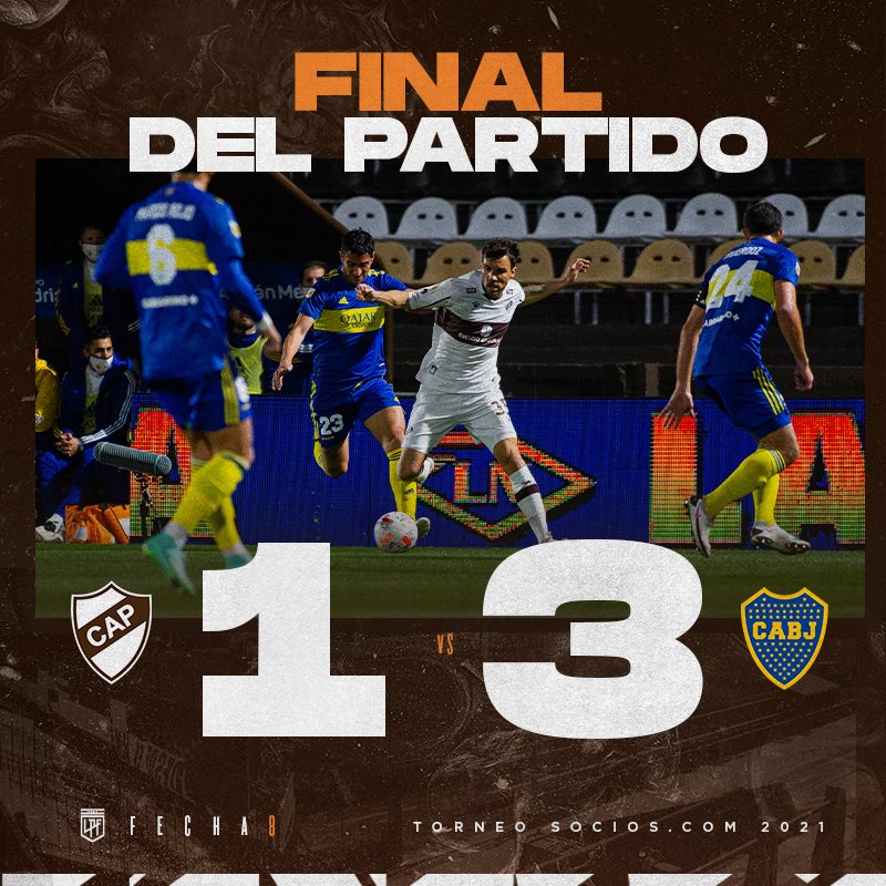 caplatense's tweet photo. [Fútbol] #LPF #TorneoSocios🏆#Fecha8

🔚 🟤⚪️CAP 1-3 CABJ🔵🟡

#Final

#VamosCalamares 🦑 https://t.co/ePbLAFcCh9