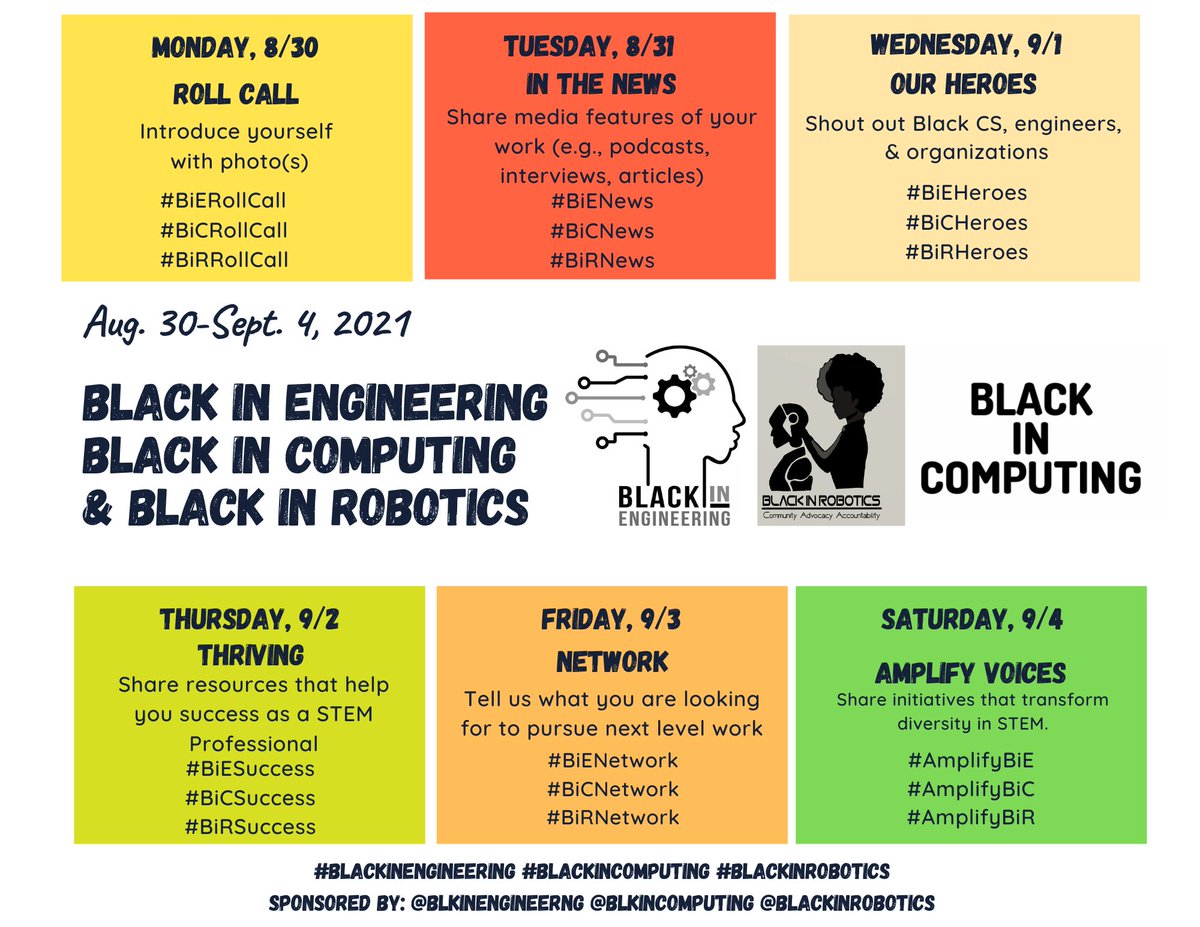 BlkInEngineerng's tweet photo. Starts tomorrow! #BIEWeek #BIRWeek #BICWeek @BlkInComputing @BlackInRobotics https://t.co/BBpzJDUVzB