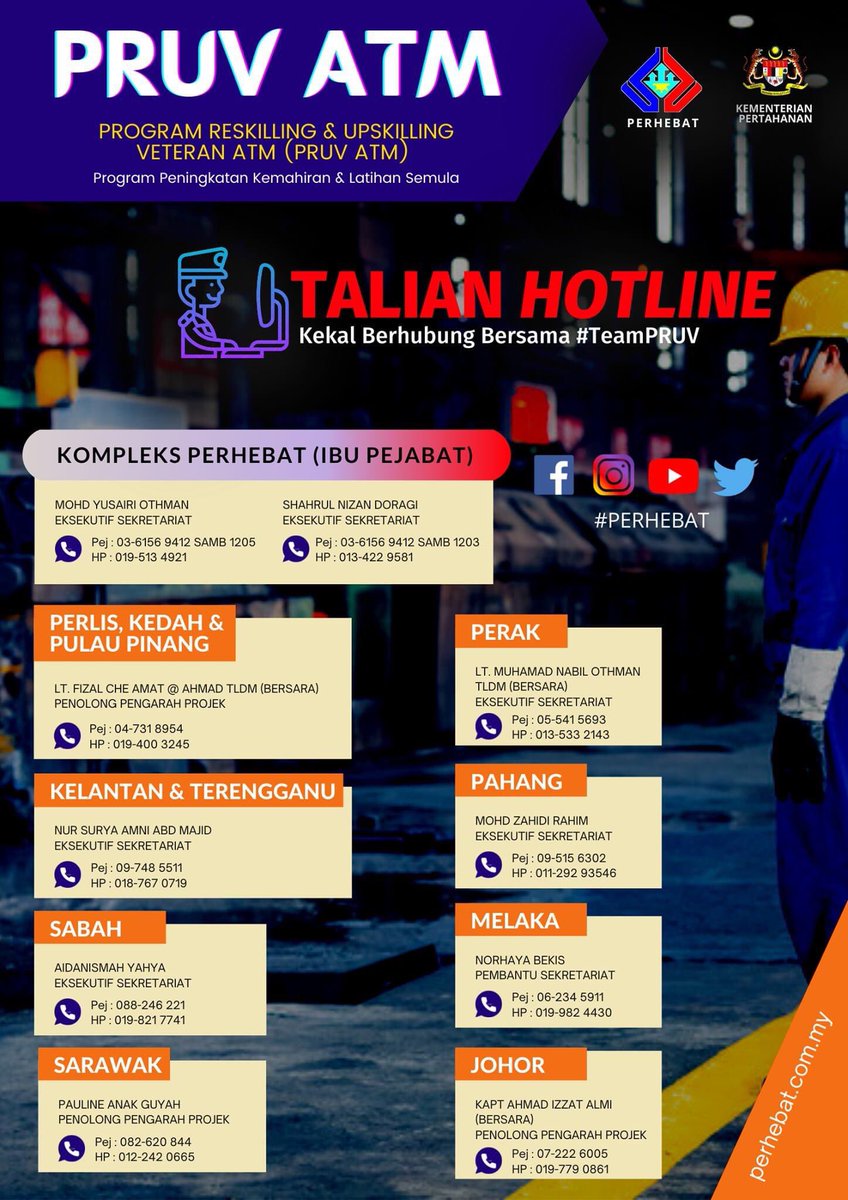 PERHEBATMy's tweet photo. PROGRAM RESKILLING & UPSKILLING VETERAN ATM (PRUV ATM)
Inisiatif Kerajaan melalui PERHEBAT telah melaksanakan program PRUV ATM iaitu program peningkatan kemahiran & latihan semula khusus untuk veteran ATM
#PRUVATM
#PERHEBAT
#PERHEBATprihatin
#Upskilling
#Reskilling
#PascaLP https://t.co/QUxhg48Sri