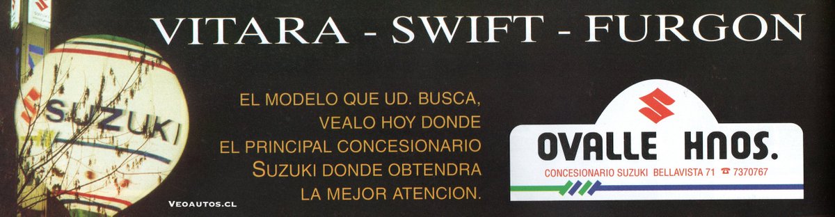 VeoAutos's tweet photo. Suzuki Chile 1994 Publicidad Concesionario Ovalle. 
Nota completa Link https://t.co/sSJXZ25WVB

#suzukivitara #swiftgti #suzukichile @SuzukiChile_ @addict_car @thecarfactoids @YesterdaysDrive @RiveraNotario @publichilensis https://t.co/kUCqCSSpes