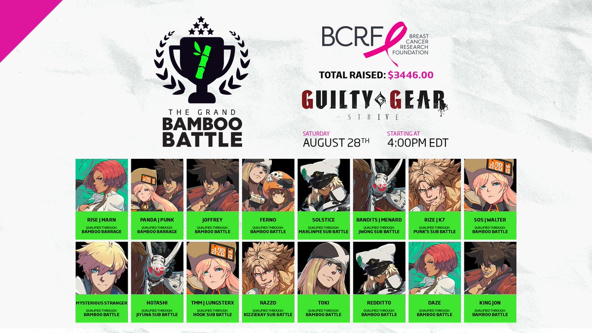 After 11 events, we have our 16 players.

The Grand Bamboo Battle is this Saturday, Aug 28

<a href="/MarnORZ/">MARN</a>
<a href="/PunkDaGod/">Punk</a>
@WhoisHikari_
<a href="/TheeFerno/">Ferno</a>
Solstice #NoTwitter
<a href="/_MenaRD__/">WBG MenaRD🇩🇴(最強)</a>
<a href="/K7_Showoff/">K7</a>
<a href="/Cune_Bune/">Mysterious Stranger</a>
<a href="/WalterSSBU/">ONi | WALTER !!!</a>
<a href="/hotashis/">Hotashi</a>
<a href="/LungsterX/">Isaac Fortuna</a>
@RazzoSharp
<a href="/SD_Toki/">Toki</a>
<a href="/reddittoXD/">RedDitto</a>
<a href="/letsdaze_/">daze (デイズ)</a>
@KingJon_TTV