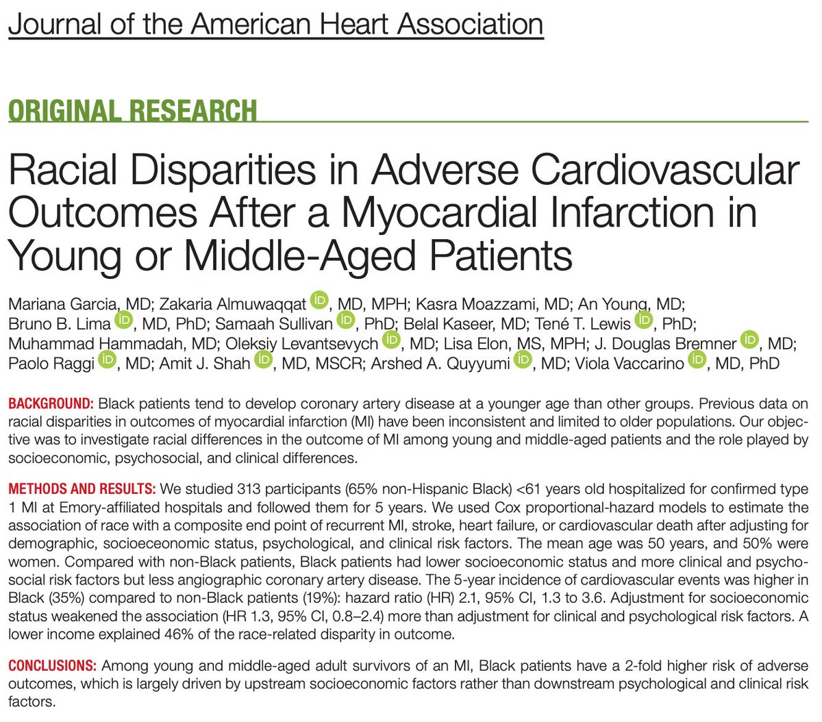 Great honor to have our study published today in the @JAHA_AHA spotlight on #RacialDisparities
Amazing job by the amazing @MarianaGarciaMD under the mentorship of our beloved mentor @violavaccarino from our prolific group @EmoryCCRI.
I miss @emoryheart so much! Love those guys!