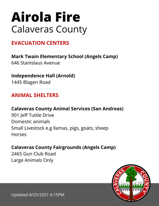 JourneysMatter's tweet photo. Via https://t.co/8sso9RVAHy this evening- #AirolaFire #CalaverasCounty #Prayers, #besafe #socialworkers #firefighters #neighbors @FOX40 #evacuation &amp; animal shelter info... https://t.co/B9CqpWTGE8