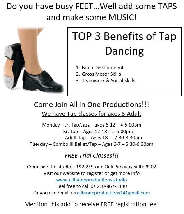 AllInOneProduc2's tweet photo. Are you or your child interested in TAP? Then we've got you covered! Come sign up for a class today! #aiop #aiop2021 #tapdance #tapclass #momsofstoneoak #thingstodoinstoneoak #thingstodoinsanantonio #livelovetap #tapdanceislife https://t.co/lCpMk7LfZO