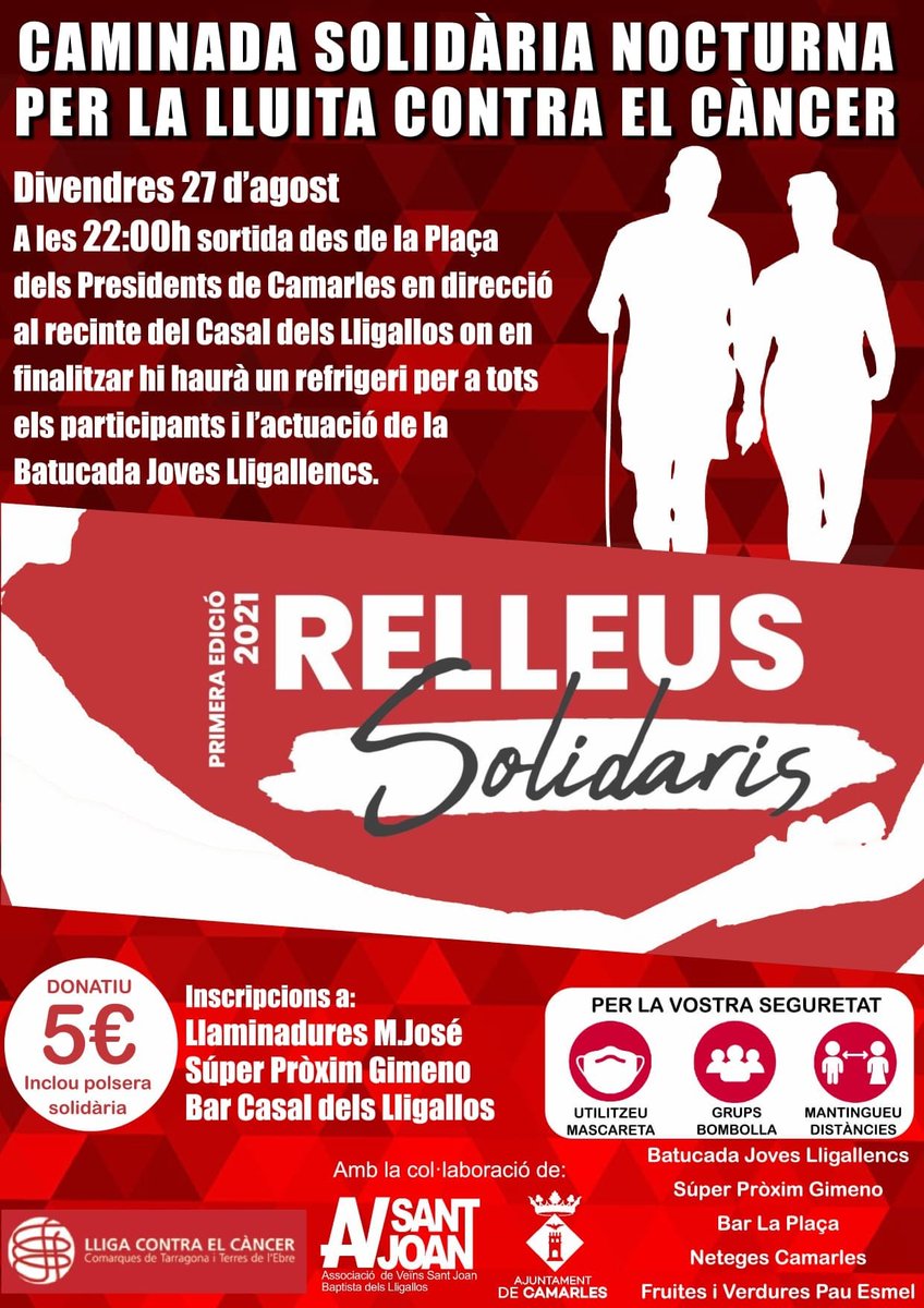 1a CAMINADA NOCTURNA PER LA LLUITA CONTRA EL CÀNCER CAMARLES - 27 D'AGOST
camarles.cat/?post_type=mec… 

#Camarles #lligacontraelcancer #Balcodeldelta