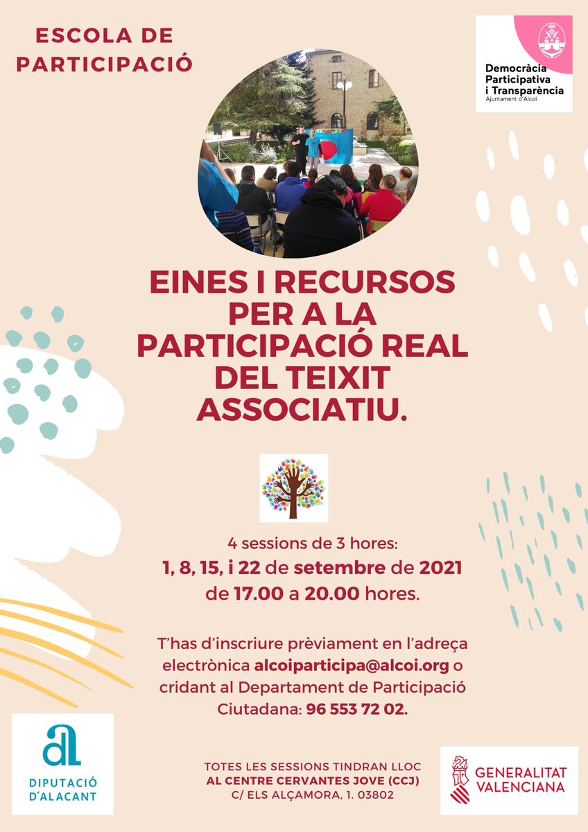 Inscriu-te per a la pròxima formació 'Eines i recursos per a la participació real del teixit associatiu' en alcoiparticipa@alcoi.org o cridant al 965537202.
Estarà estructurada en quatre sessions de tres hores (17:00-20:00 h) al Centre Cervantes Jove d'Alcoi.
#participa