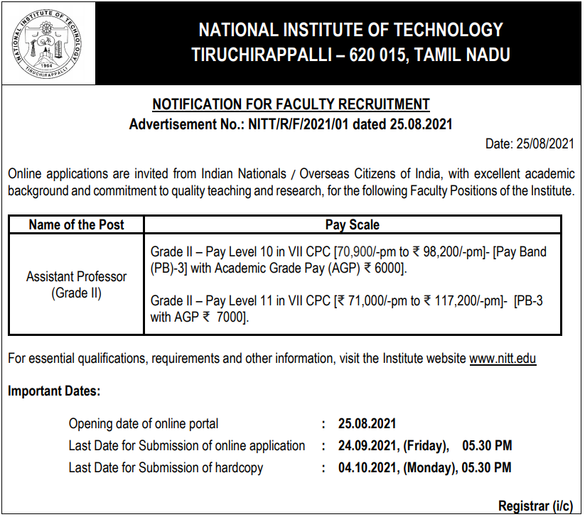 Faculty Recruitment 2021 in NIT Trichy (Regular), India, Total Post=92