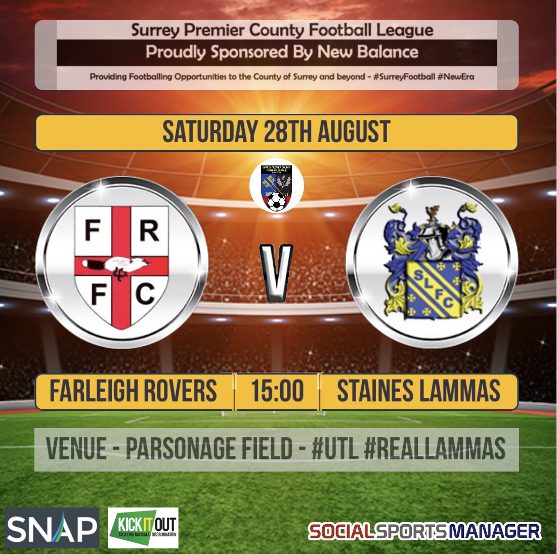 SLammasMiddxFC's tweet photo. This Saturday Lammas first team will be travelling to @FarleighRovers at Parsonage Field in their second game of the season in a @SurreyPremierCF fixture!
โฐ KO is 3pm
๐ At Parsonage Field, Warlingham
๐ Free Entry to all
#returnofgrassroots #UTL #RealLammas #FRFCvsSLFC https://t.co/69S16WgW8u