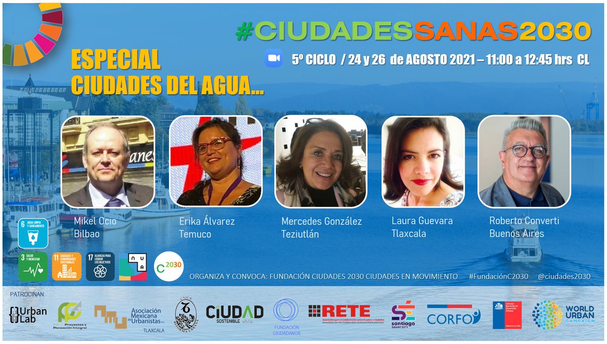 Saludamos a nuestros invitados/as - Segundo día  5° Ciclo #CiudadesSanas2030 #CiudadesDelAgua

👉 Erika Álvarez, #UMayor 🇨🇱
👉 Mikel Ocio, <a href="/bilbao_udala/">Bilbao [Udala - Ayuntamiento]</a> 🇪🇸
👉 Mercedes González, #Tezuitlan 🇲🇽
👉 Laura Guevara, <a href="/AMU_Tlaxcala/">AMU Tlaxcala</a> 🇲🇽
👉 Roberto Converti, <a href="/RETE_digital/">RETE | Association</a> 🇦🇷

¡Bienvenidos!