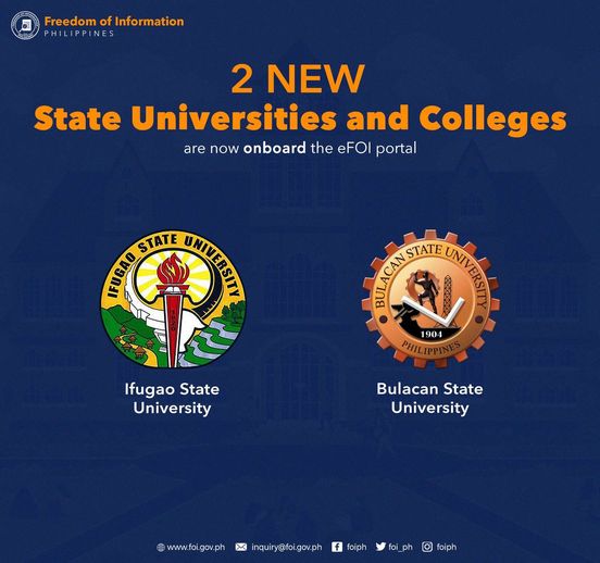 foi_ph's tweet photo. Requesting information from your University made easy!
FOI-PMO welcomes Ifugao State University and Bulacan State University to the e-FOI Portal. Students can now request information and records directly from our portal.
#TransparencyToTrust
#BilibAkoSaFOI
#TransparencyLegacy https://t.co/XW2BLGN5C4