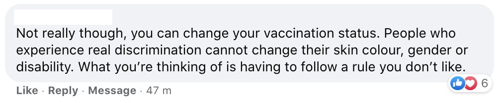 _angemccormack's tweet photo. very into this response by someone in @triplejHack's comments to an anti-vaxxer saying it's unlawful "discrimination" to offer vaccinated people extra freedoms https://t.co/bvP2HOTJA8