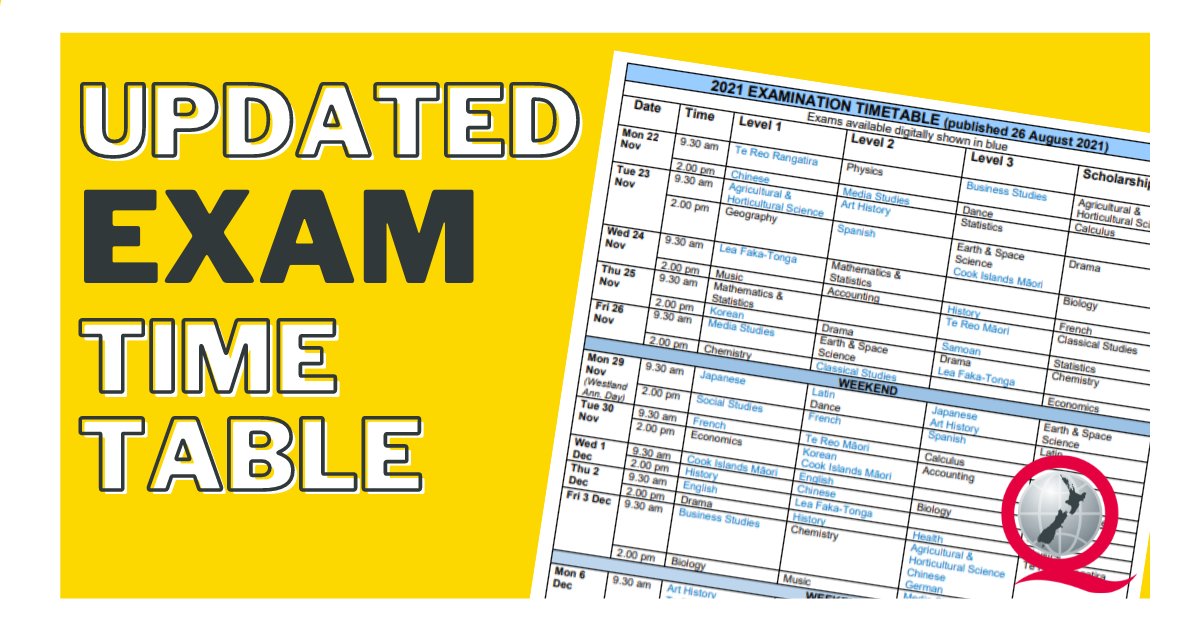 The updated NCEA and NZ Scholarship exam timetable is now available here: nzqa.govt.nz/timetable/