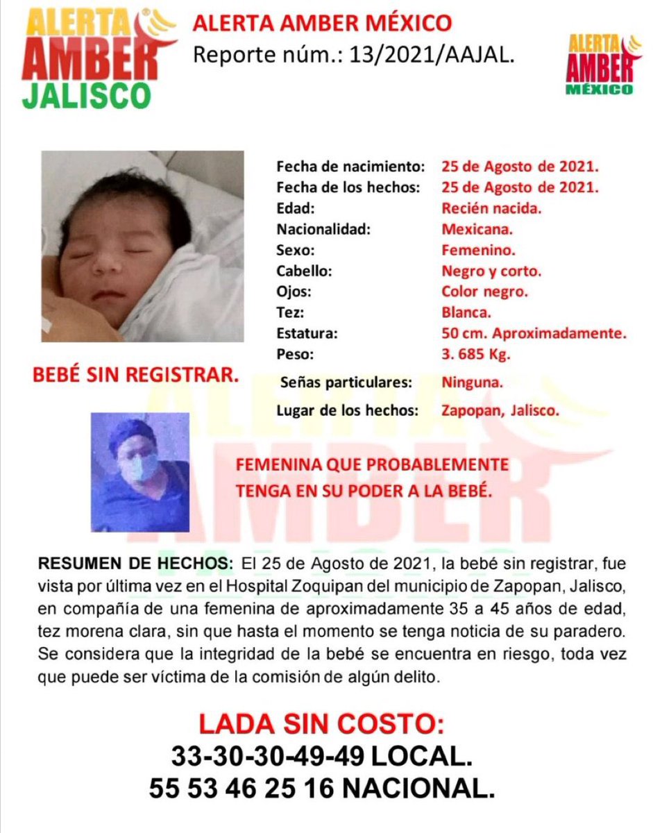 *URGENTE* se busca a menor robada en el Hospital General de Occidente "Zoquipan" una mujer se disfrazó de enfermera para cometer el delito, acción que ya había intentado realizar el pasado 20 de agosto.