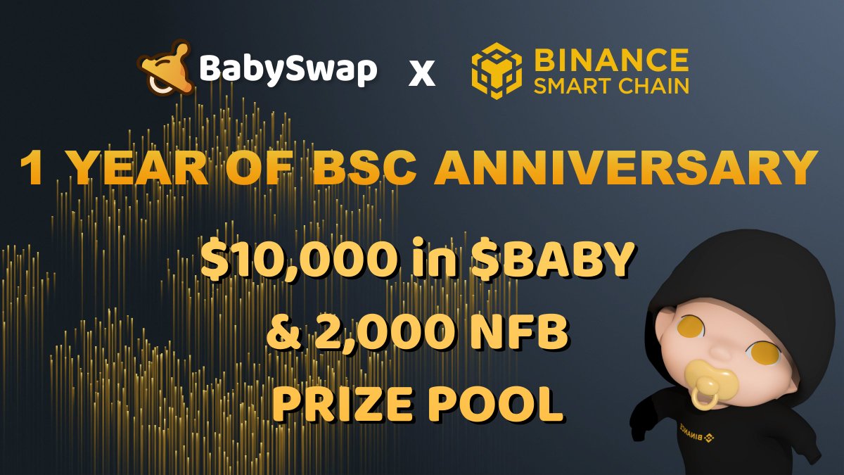 BabySwap #Baby the Landlord 🏝️ (@babyswap_bsc) on Twitter photo Happy Birthday to #BSC! 🎂
To celebrate 1st anniversary of Binance Smart Chain , BabySwap is hosting a giveaway with $10,000 worth of $BABY and 2,000 NFB prize pool!
👶🏻Follow <a href="/babyswap_bsc/">BabySwap #Baby the Landlord 🏝️</a> & <a href="/BinanceChain/">Binance Chain</a>
🔥Enter: bit.ly/2WhxYaD
#1YearofBSC #BeyondtheBigBang Happy Birthday to #BSC! 🎂
To celebrate 1st anniversary of Binance Smart Chain , BabySwap is hosting a giveaway with $10,000 worth of $BABY and 2,000 NFB prize pool!
👶🏻Follow <a href="/babyswap_bsc/">BabySwap #Baby the Landlord 🏝️</a> & <a href="/BinanceChain/">Binance Chain</a>
🔥Enter: bit.ly/2WhxYaD
#1YearofBSC #BeyondtheBigBang