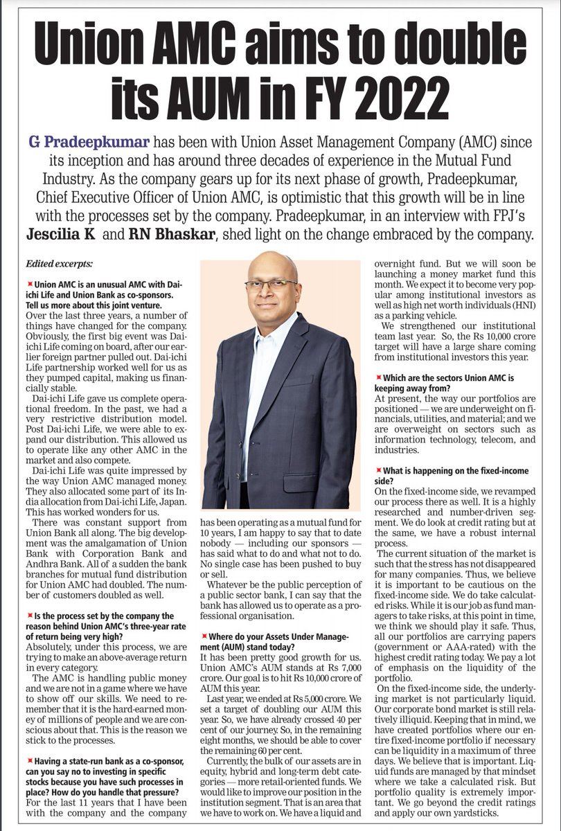 fpjindia's tweet photo. Union AMC aims to double its AUM in FY 2022; to launch money market fund soon

Link: https://t.co/7RguwbZy6l

#AMC #MF #AUM #UnionAMC @UnionBankTweets https://t.co/9t5ZQ7X731
